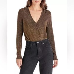 Steve Madden womens gold glitter faux wrap bodysuit Size M long sleeve